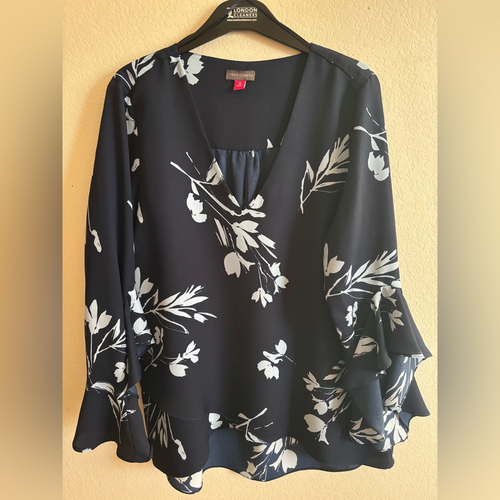 Vince Camuto navy blouse (lighter blue pattern) with bell sleeves